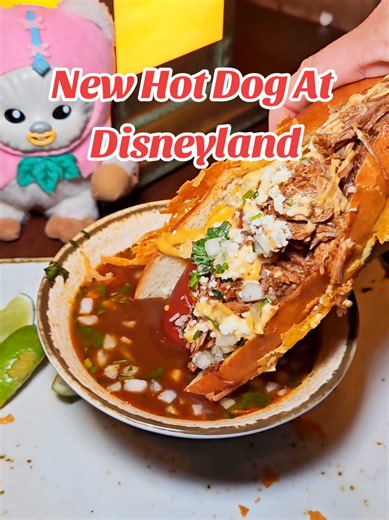 New Food at Disneyland Hot Dog of the Month: Quesa Birria Hot Dog! This is another incredible creation by the Chefs at Disney's Grand Californian Hotel in OC California. They come out with a new hot dog every month. They are always gourmet and carefully put together. Quesa Birria Hot Dog With All Beef Hot Link Topped With Braised Beef Birria On A Chesse Crusted Broiche Bun With Ancho Chili Consume. There are onions in the consume and rhe Hot dog, as well as Contija cheese. This is about $18, wit