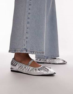 Topshop Chia leather ruched ballet flats with strap in silver | ASOS