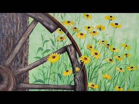 Easy Rustic Wagon Wheel with Daisies Acrylic Painting LIVE Tutorial