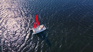 Aerial drone shot catamaran sailing the blue sea. The camera follows a yacht with people on board. Orbital Shot