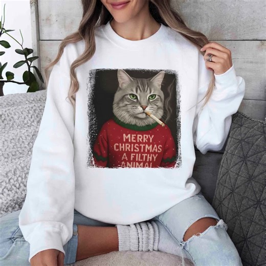 Funny Christmas Smoking Cat Sweatshirt, Sarcastic Holiday Meme Tee, Cool Cat Lover Gifts, Vintage Grunge Xmas Cat Shirt, Ironic Pet T-shirt - Etsy