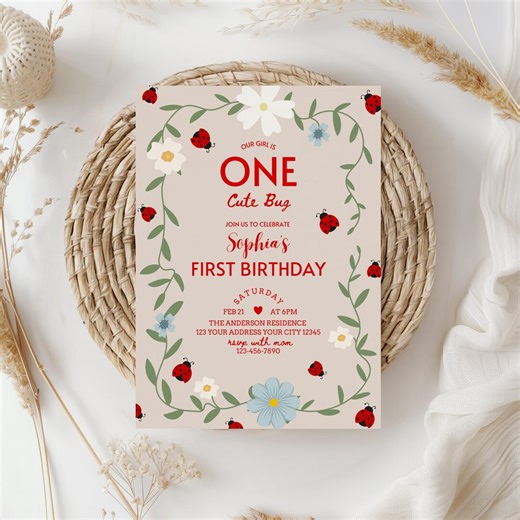 ONE Cute Bug Birthday Party Invitation,girl 1st Birthday Ladybug Invite,1st Birthday Ladybug Themed Invite,editable Template,canva - Etsy