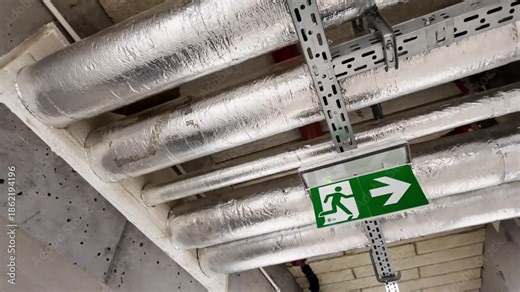 Insulated HVAC pipes and cable tray on mechanical room ceiling with thermal foil wrap, pressure gauge and emergency exit sign — building services infrastructure, industrial maintenance, no people