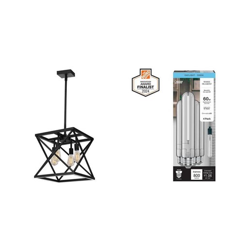 Feit Electric 60-Watt Matte Black 4-Light LED Pendant Light and 60-Watt Equivalent Edison LED Bulb Daylight 5000K (4-Pack) - The Home Depot