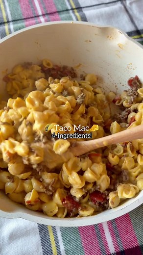 Taco Mac!🌮 4 ingredients! I’m always needing 10-minute weeknight meals, and this one is delicious!!! My two favorite things combined into a dinner the whole family will want to eat! Ingredients: 1 lb ground beef 1 can rotel 1 packet taco seasoning 2 boxes shells and cheese Directions: 1. Brown ground beef and drain. Add rotel (drain) and taco seasoning. Mix until combined. 2. At the same time boil water in a pot. Add 2 boxes shells and cheese. Cook, drain, and add cheese sauce. 3. Pour finished