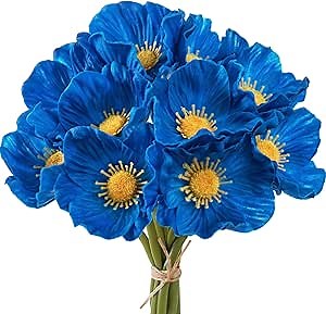 WELL KNOWN Blue Artificial Flower with Stems, 10pcs PU Real Touch Poppy Realistic Fake Flowers for Veterans Day Independence Day Floral Arrangement Graduation Home Wedding Bouquets Corsages Decor