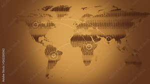 Binary World Map Loop. Moving map of randomized binary 1s and 0s flickering on and off showing digital connections and network