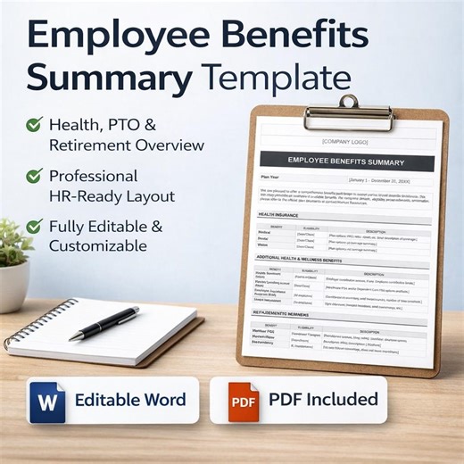 Employee Benefits Summary Template | HR Overview (word, PDF) - Etsy