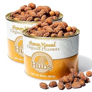 Hubs Peanuts Super Extra-Large Honey Kissed Virginia Peanuts - Premium Virginia Nuts with All-Natural Sweet Honey Coating - Healthy Snacks in Reusable Vacuum-Sealed Tin - 2 Packs of 20 oz Cans