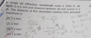 In single slit diffraction, wavelength used is 5000 \AA, slit w... | Filo