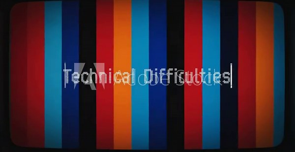 A vintage television screen displaying "Technical Difficulties" over a colorful vertical striped pattern, creating a retro, glitchy effect, being distorted with data glitches, dropped pixels