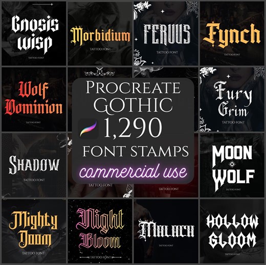 1290 Gothic Lettering Stamps, Procreate Fonts Bundle for Tattoo Artists & Streetwear Design, Procreate Alphabet - Etsy