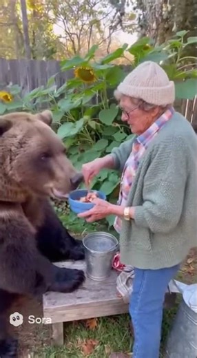 Grandma feeds a bear thinking it's her pet