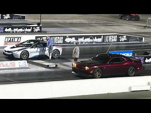 Dodge Challenger SRT Hellcat Vs. BMW i8 Hybrid Electric Car Drag Race - Las Vegas 6-2-2023 - 4K UHD
