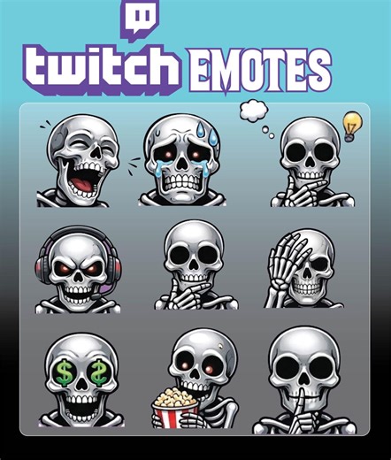 9x Animated Skull Twitch Emotes Pack | Moving Skeleton Emotes for Streamers | Animated Spooky Skull Emote Set | Chibi Ghost Skull GIF |