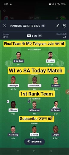 WI vs SA Dream11 Prediction | WI vs SA Dream11 Team Today | WI vs SA Dream11 | #shorts