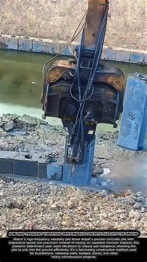How High-Frequency Vibrations Drive Massive Concrete Piles into the Ground #engineering #excavator