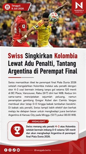 Swiss Singkirkan Kolombia Lewat Adu Penalti, Tantang Argentina di Perempat Final