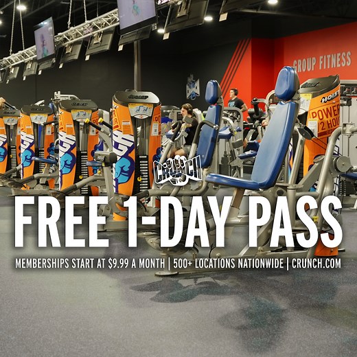 💪 One pass. Endless possibilities! 👉 Get your FREE 1-Day Pass at Crunch and see how fun fitness can actually be. Memberships start at just $9.99/month at CrunchUniversity.com. With 500 locations nationwide, your new favorite gym is closer than you think. Pass expires soon! | Crunch Fitness