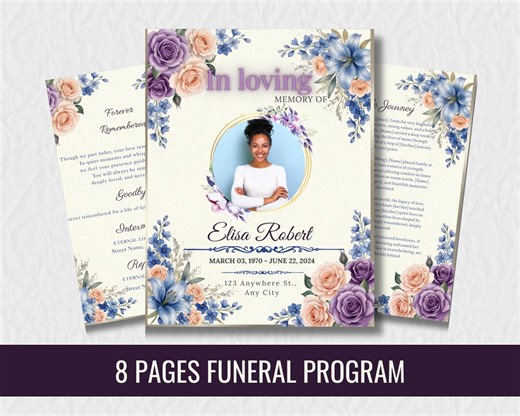 Purple Blue Floral Funeral Program Template, 8-page Memorial Service Booklet (canva Download) - Etsy