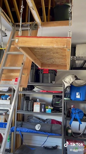 More garage organization shenanigans. DIY attic lift for storing all the totes and seldom used items out of the garage. #diy #lift #fyp