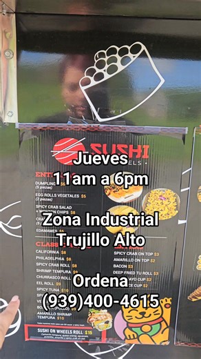 Listos para recibirte de 11am a 6pm‼️🎉 Nuestros classic rolls, onigiris helados virales y mucho más te esperan 😋🙌 📍Zona Industrial, Trujillo Alto al lado del cuajo! Ordena 📲(939)400-4615 | Sushi on Wheels LLC