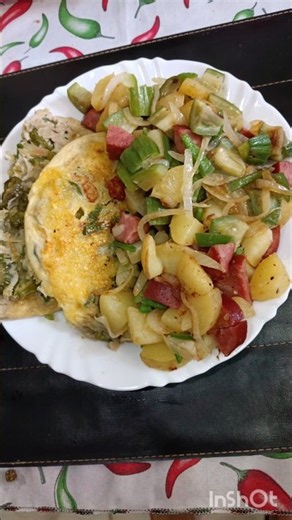 Eggplant omelet with cheese, but chopped eggplant with sausage and potato #delicious #recipes #