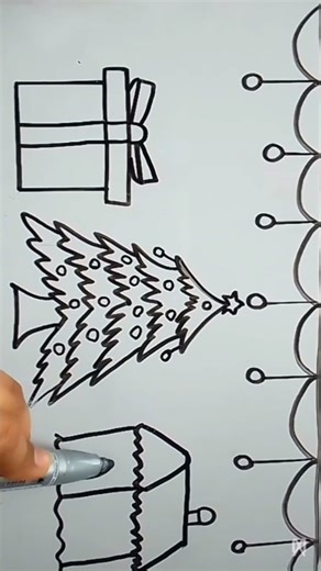 How to draw a Christmas drawing painting | easy Christmastree, Christmashouse and Christmasgiftbox