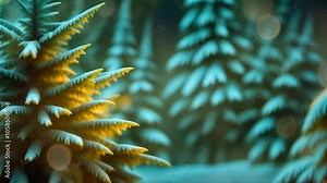 Winter forest. Christmas holiday background with fir tree, pine and spruce branches, frosty snow, falling snowflakes, landscape and nature. Looped animation, seasonal festive footage.