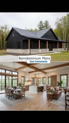 Metal Building Homes on Instagram: "Sleek black barndominium with open, airy living space—come inside!"