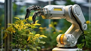 A robotic arm is working in an organic vegetable greenhouse.