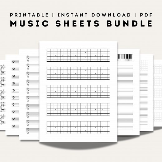 Blank Music Sheet Bundle PDF, Guitar Chord Chart, Letter A4, Grand Staff Paper, Printable Piano Manuscript, Bass Clef, Fretboard, Treble Tab - Etsy