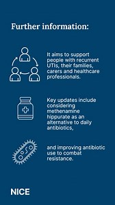 3 comments | Updated guidance on recurrent UTIs People with recurrent urinary tract infections could benefit from our updated guideline on antimicrobial prescribing, published today. The recommendations aim to improve antibiotic use, reduce resistance and explore alternative treatments. Find out more: https://www.nice.org.uk/guidance/ng112?utm_medium=organic&utm_source=facebook&utm_campaign=recurrentuti&utm_content=finalvideo | National Institute for Health and Care Excellence | Facebook