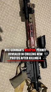 377K views · 1.3K reactions | Disturbing new photos show the assault rifle used by the NYC gunman during his deadly rampage at a Midtown skyscraper. A concealed firearm permit issued in Las Vegas, Nevada, was discovered at the scene, bearing the suspect’s photograph and name. | Fox News | Facebook
