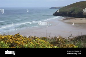 Aerial view of Mawgan Porth Beach, Cornwall Stock Video Footage - Alamy