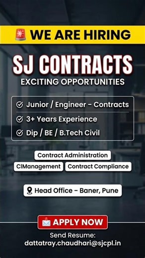 Civil Engineer Job Opening in Pune 🏗️ | SJ Contracts Hiring #shorts