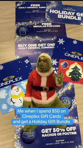 13K views · 54 reactions | Who doesn't love a gift with purchase?  When you spend $50.00 on Cineplex Gift Cards from now until December 31, you'll get this amazing Holiday Gift Bundle! It includes coupons for 1 Free General Admission, 1 Free Popcorn, 1 Free Movie Ticket Upgrade and more! Gift Bundles are while supplies last. *Conditions Apply. Purchase in theatre and online. See more details here ️ See more details here ➡️ https://cinplx.co/3ZanPbZ | Cineplex | Facebook