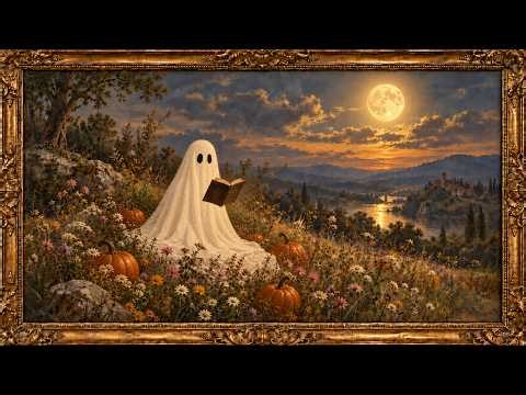Halloween Ghost Frame TV Art | Reading Ghost Wildflowers & Full Moon Screensaver | 6 Hours No Sound