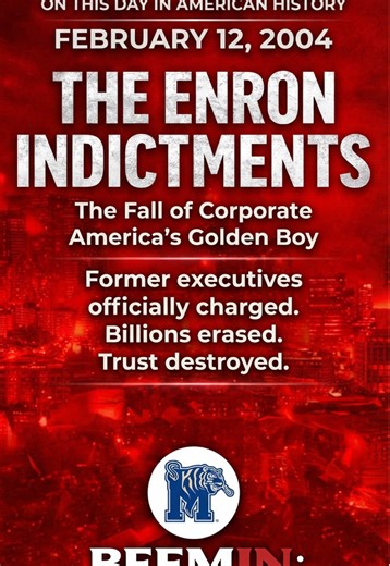 ON THIS DAY IN HISTORY — February 12, 2004 Twenty-two years ago today, one of the biggest corporate scandals in American history took a major legal turn. On February 12, 2004, federal prosecutors formally indicted former Enron executives in connection with the massive accounting fraud that helped bring down what was once the 7th largest company in America. Enron had been viewed as Wall Street’s golden child — innovative, powerful, untouchable. But behind the scenes? Inflated profits. Hidden debt
