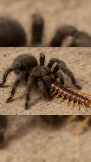 The tarantula, with its dark, furry legs, grips the segmented body of the centipede. #Animals #WildLife #HawkMoth #Nature #photography #photographychallengechallenge #shortsviral #WildlifePhotography #viral | Insect Insider