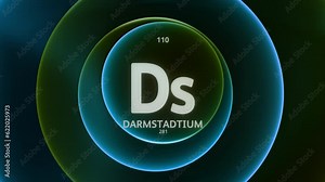 Darmstadtium as Element 110 of the Periodic Table. Concept animation on abstract green blue gradient rings seamless loop background. Title design for science content and infographic showcase backdrop.