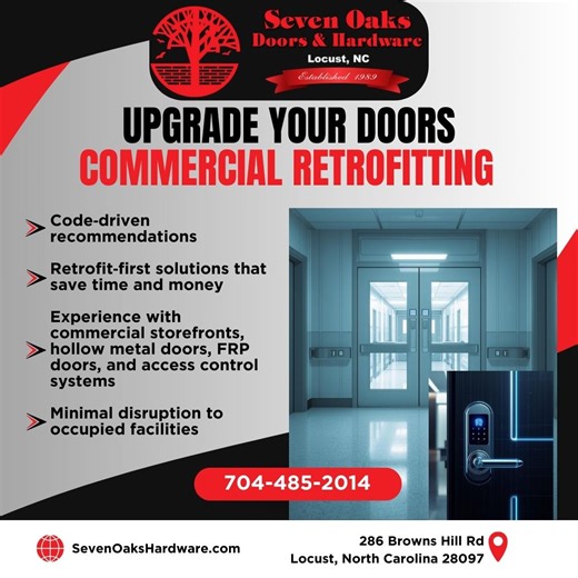 Older commercial doors don’t always need full replacement 🚪 Smart door retrofits can improve security, ADA compliance, and performance—with less downtime and cost. At Seven Oaks Commercial Doors & Hardware, we help businesses upgrade what matters most without unnecessary tear-outs. 👉 Learn how retrofitting could be the smarter solution for your facility. https://sevenoakshardware.com/how-to-upgrade-commercial-doors-without-a-full-replacement-a-smarter-retrofit-strategy/ #CommercialDoors #DoorR