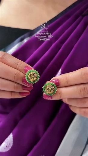 very beautiful and lightweight gold green stone Lakshmi stud earring design only 5 grams