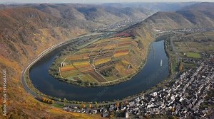 Flight over autumn Bremm vineyards and Mosel river meander, Germany.