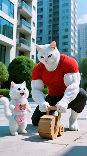 Baby Cat “Diaper Bear” was happily playing with his cardboard steamroller when a mischievous tabby kitten appeared, laughing and mocking him. Feeling hurt, Baby Cat burst into tears. Out of love and pity, Daddy Cat went to a junkyard, collected old parts, and built a powerful transforming steamroller robot. The next day, as Baby Cat proudly drove his new machine through the street, the tabby showed up again — only to panic as the robot charged forward, lifting both him and his steamroller high i