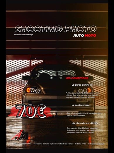 Je vous propose d'immortaliser votre auto ou moto avec une série de photos dédiée. Séance d'1h30 : Le temps idéal pour capturer votre véhicule sous tous ses angles. 30 à 40 photos : Vous recevez les clichés retouchés sous trois semaines. Livraison : Par transfert sécurisé ou sur votre propre clé USB. Secteur : Basé à Courcelles-lès-Lens, je me déplace dans tous les Hauts-de-France. 📍 Contact : 📞 06 50 52 47 30 Instagram : @arttange Facebook : facebook.com/arttange SIRET : 95237800800017 #photo
