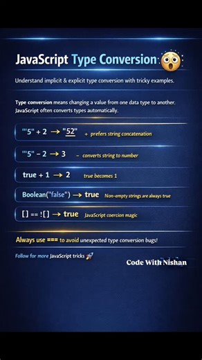 Code With Nishan on Instagram: "Type conversion in js.. #coding #webdesign #webdevelopment #javascript #programmer"