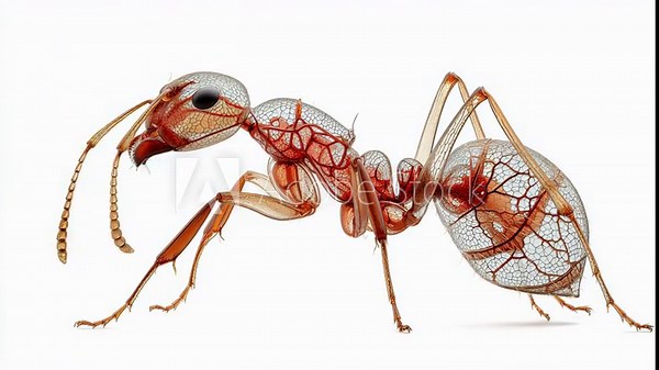 Transparent ant anatomy revealing detailed internal structure and veins with digestive and tracheal system in macro insect biology and entomology scientific style illustration