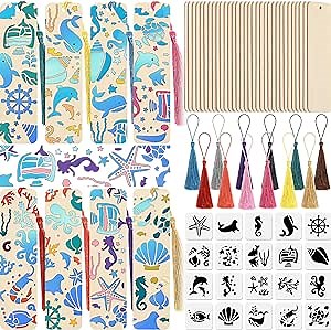 TaoBary 92 Pcs Wood Bookmark Making Kit Includes 36 Unfinished Blank Bookmarks 36 Tassels 20 Templates Craft for DIY Crafts, Painting, Valentine's Day, Mother's Day Gifts (Ocean, 4.8 x 1.3 Inch)