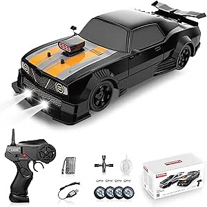 RC Drift Car 1/16 2.4GHz 4WD Remote Control Cars, Rechargeable High Speed Drifting RC Cars with Spray, Cool Lights and Extra Tires Toy Car for Kids